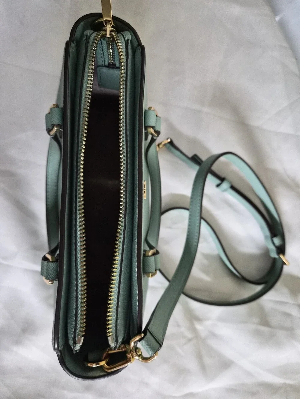 Tory Burch Light Blue Mini Saffiano Satchel with Gold Hardware